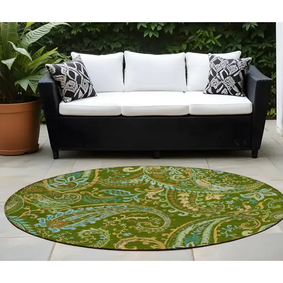 Green Round Paisley Washable Non Skid Indoor Outdoor Area Rug Photo 1