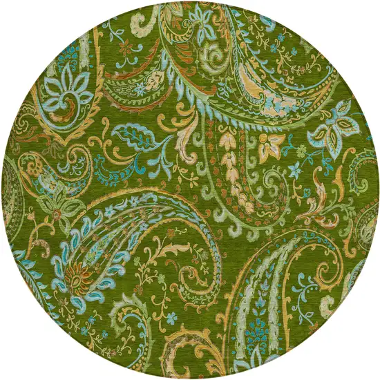 8' Round Green Round Paisley Washable Non Skid Indoor Outdoor Area Rug Photo 2