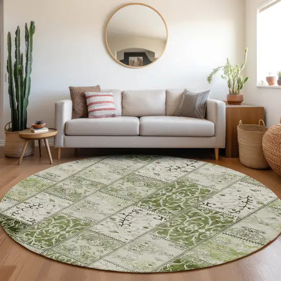 Green Round Patchwork Washable Non Skid Indoor Outdoor Area Rug Photo 9