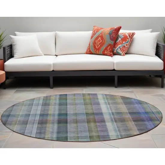 Blue Gray and Green Round Plaid Washable Non Skid Indoor Outdoor Area Rug Photo 1