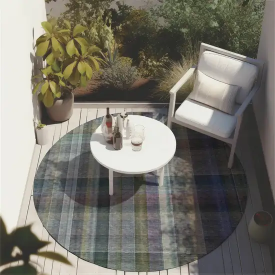 Blue Gray and Green Round Plaid Washable Non Skid Indoor Outdoor Area Rug Photo 6