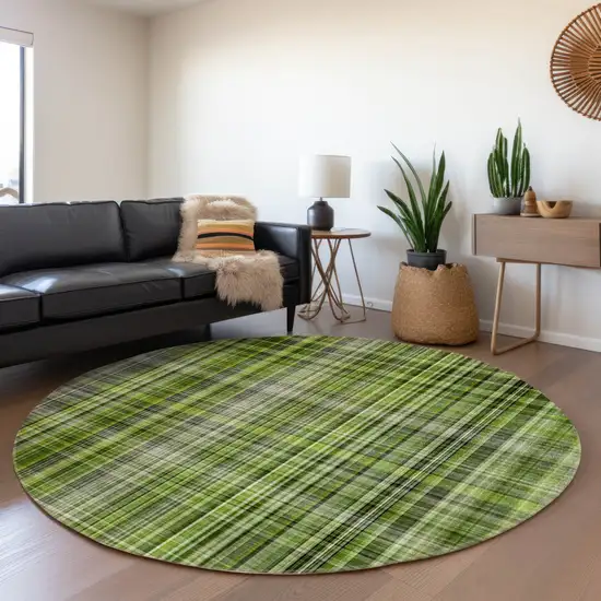 Green Black and Gray Round Plaid Washable Non Skid Indoor Outdoor Area Rug Photo 7