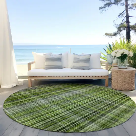 Green Black and Gray Round Plaid Washable Non Skid Indoor Outdoor Area Rug Photo 6