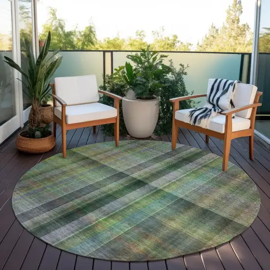 8' Round Green Round Plaid Washable Non Skid Indoor Outdoor Area Rug Photo 8