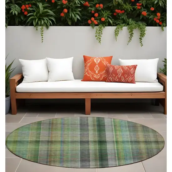 Green Round Plaid Washable Non Skid Indoor Outdoor Area Rug Photo 1