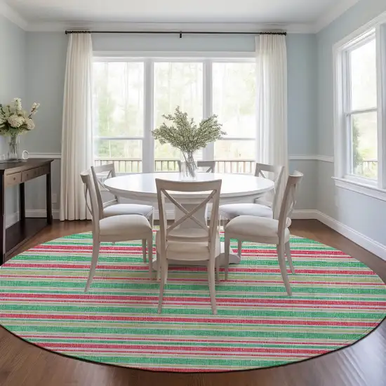 8' Round Green Round Striped Washable Non Skid Indoor Outdoor Area Rug Photo 9