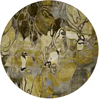 Photo of 8' Round Green and Brown Round Floral Washable Non Skid Indoor Outdoor Area Rug