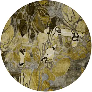 Photo of 8' Round Green and Brown Round Floral Washable Non Skid Indoor Outdoor Area Rug