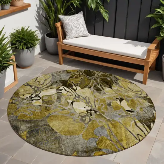 Green and Brown Round Abstract Washable Indoor Outdoor Area Rug Photo 1