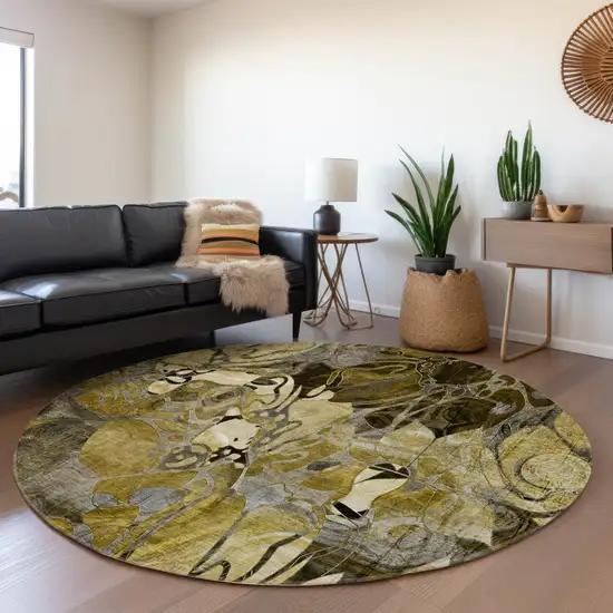 Green and Brown Round Abstract Washable Indoor Outdoor Area Rug Photo 7