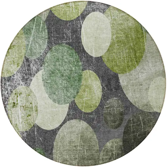 8' Round Green and Gray Round Abstract Washable Non Skid Indoor Outdoor Area Rug Photo 2