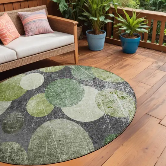 Green and Gray Round Abstract Washable Non Skid Indoor Outdoor Area Rug Photo 1