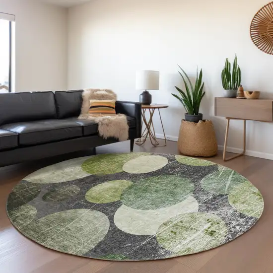 Green and Gray Round Abstract Washable Non Skid Indoor Outdoor Area Rug Photo 7