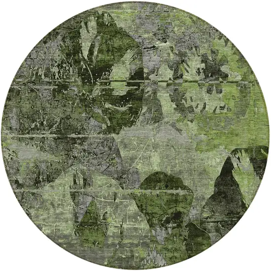 8' Round Green and Gray Round Floral Washable Non Skid Indoor Outdoor Area Rug Photo 5