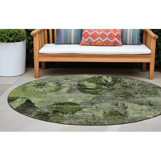 Green and Gray Round Floral Washable Non Skid Indoor Outdoor Area Rug Photo 1