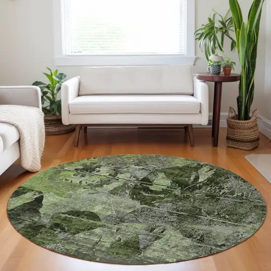 Green and Gray Round Floral Washable Non Skid Indoor Outdoor Area Rug Photo 9