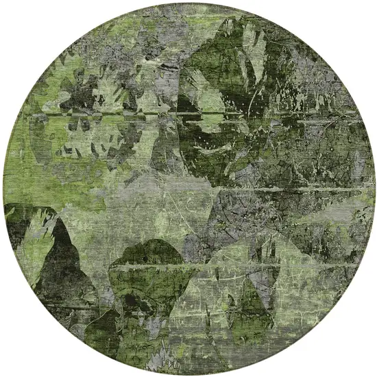 Green and Gray Round Floral Washable Non Skid Indoor Outdoor Area Rug Photo 2