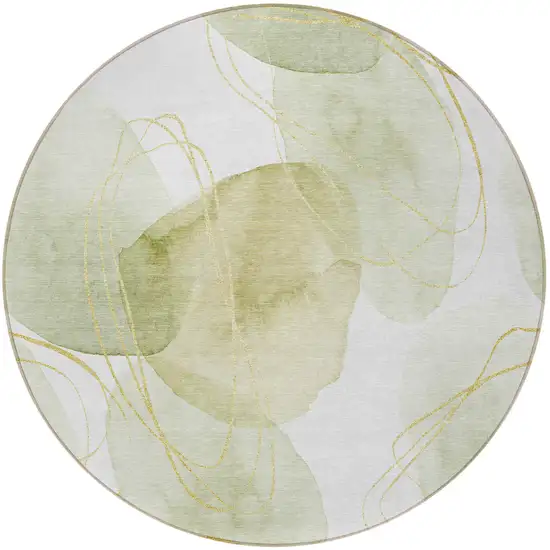 Green and Ivory Round Abstract Washable Non Skid Indoor Outdoor Area Rug Photo 5