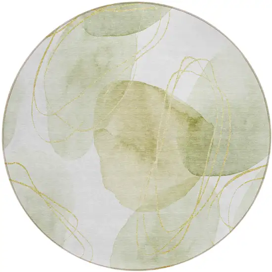 Green and Ivory Round Abstract Washable Non Skid Indoor Outdoor Area Rug Photo 2