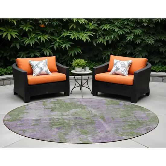 8' Round Green and Purple Round Abstract Washable Non Skid Indoor Outdoor Area Rug Photo 1