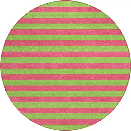 8' Round Green and Red Round Striped Washable Non Skid Indoor Outdoor Area Rug Photo 2