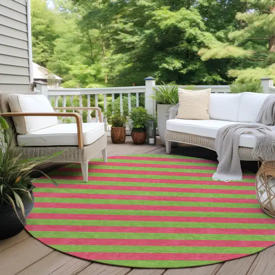 8' Round Green and Red Round Striped Washable Non Skid Indoor Outdoor Area Rug Photo 8