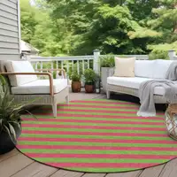 Photo of 8' Round Green and Red Round Striped Washable Non Skid Indoor Outdoor Area Rug