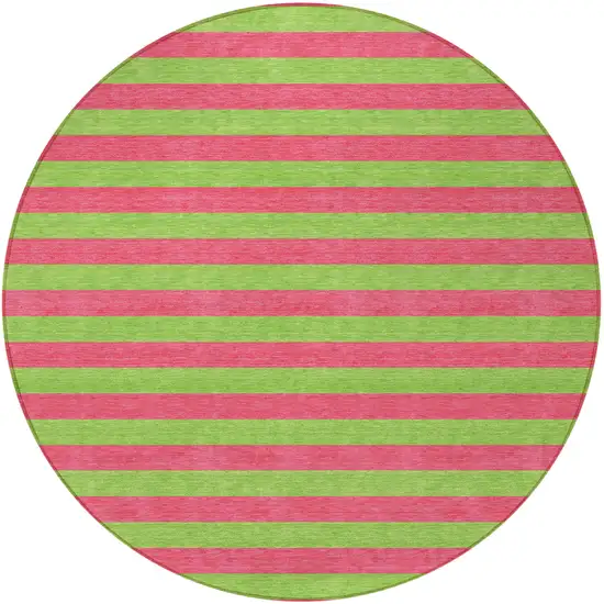 8' Round Green and Red Round Striped Washable Non Skid Indoor Outdoor Area Rug Photo 5