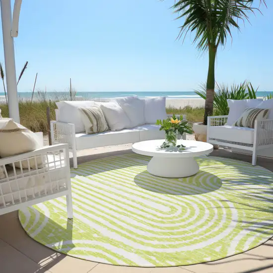 Green and White Round Abstract Washable Non Skid Indoor Outdoor Area Rug Photo 8