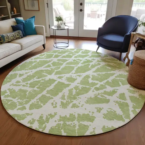 Green and White Round Abstract Washable Non Skid Indoor Outdoor Area Rug Photo 9