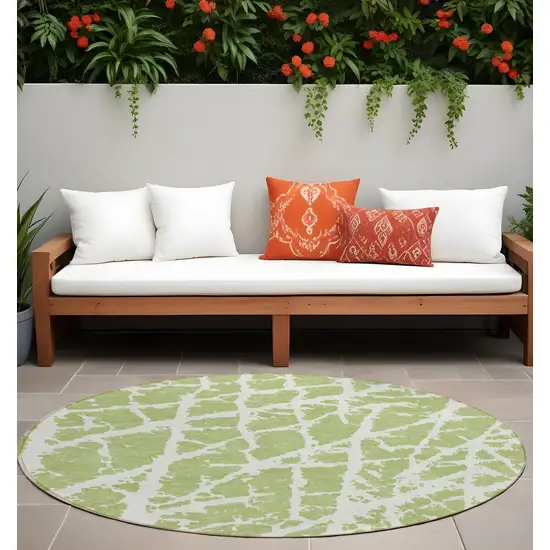 Green and White Round Abstract Washable Non Skid Indoor Outdoor Area Rug Photo 1