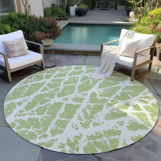 Green and White Round Abstract Washable Non Skid Indoor Outdoor Area Rug Photo 8