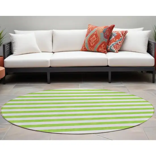 Green and White Round Striped Washable Non Skid Indoor Outdoor Area Rug Photo 1