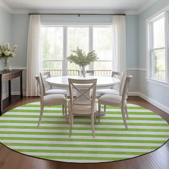 8' Round Green and White Round Striped Washable Non Skid Indoor Outdoor Area Rug Photo 9