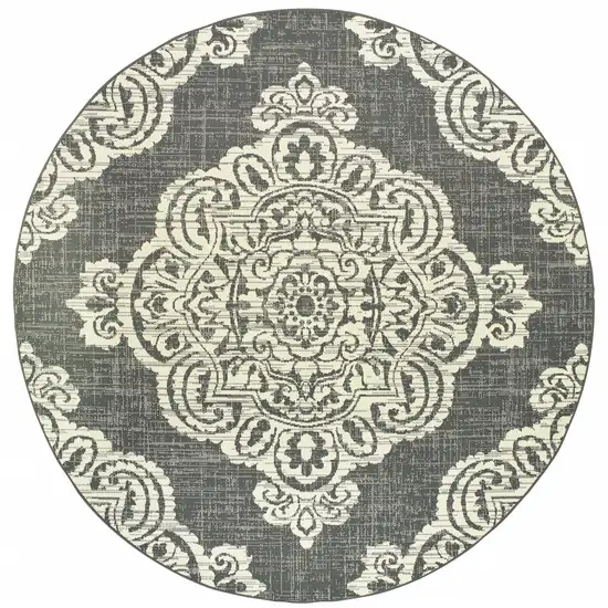 8' Round Grey Round Oriental Stain Resistant Indoor Outdoor Area Rug Photo 1