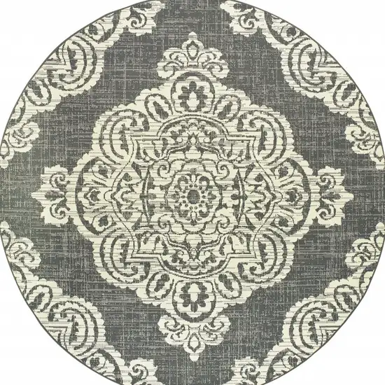 8' Round Grey Round Oriental Stain Resistant Indoor Outdoor Area Rug Photo 4