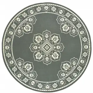 Photo of 8' Round Grey Round Oriental Stain Resistant Indoor Outdoor Area Rug