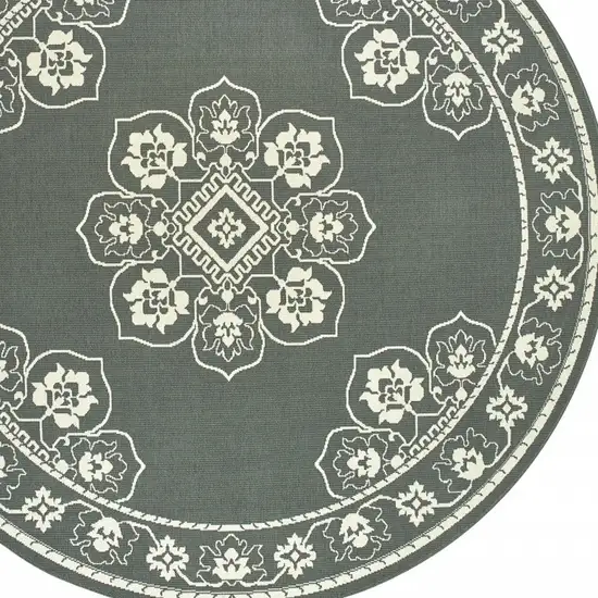 8' Round Grey Round Oriental Stain Resistant Indoor Outdoor Area Rug Photo 3