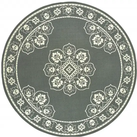 8' Round Grey Round Oriental Stain Resistant Indoor Outdoor Area Rug Photo 4