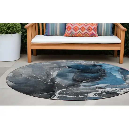 Ivory Blue and Gray Round Abstract Washable Non Skid Indoor Outdoor Area Rug Photo 1