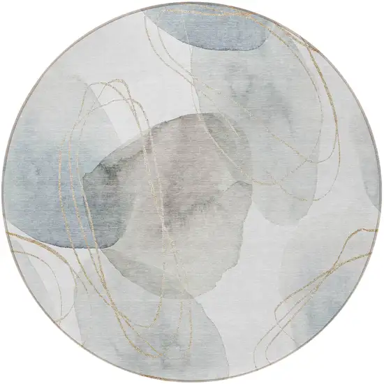 8' Round Ivory Blue and Gray Round Abstract Washable Non Skid Indoor Outdoor Area Rug Photo 4