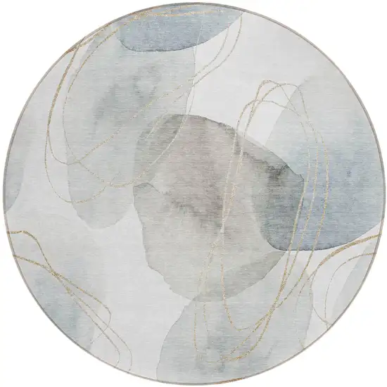 Ivory Blue and Gray Round Abstract Washable Non Skid Indoor Outdoor Area Rug Photo 2