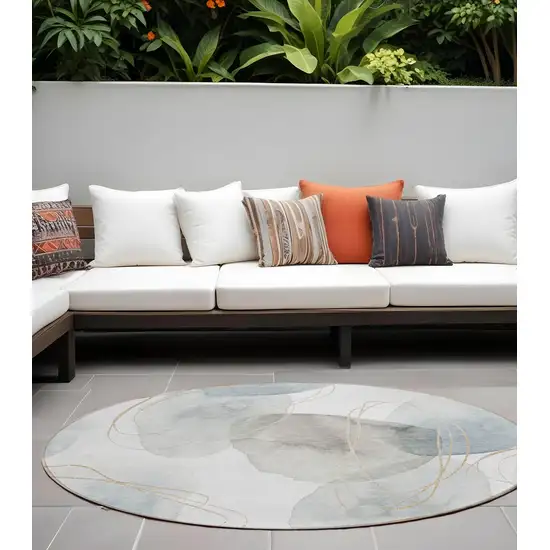 Ivory Blue and Gray Round Abstract Washable Non Skid Indoor Outdoor Area Rug Photo 1