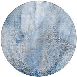 Photo of 8' Round Ivory Blue and Gray Round Abstract Washable Non Skid Indoor Outdoor Area Rug