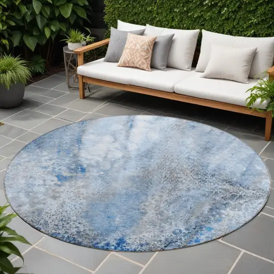 Ivory Blue and Gray Round Abstract Washable Non Skid Indoor Outdoor Area Rug Photo 1