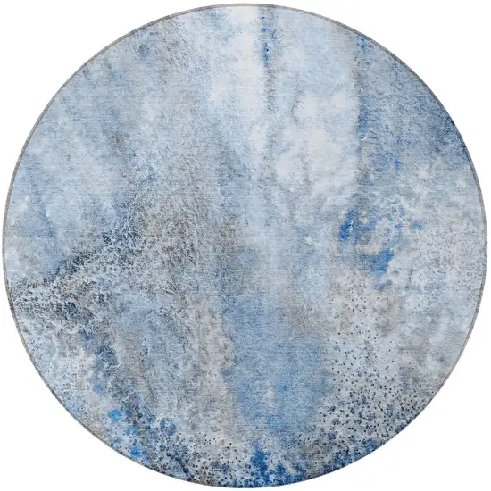 8' Round Ivory Blue and Gray Round Abstract Washable Non Skid Indoor Outdoor Area Rug Photo 5