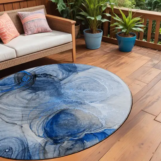 Ivory Blue and Gray Round Abstract Washable Non Skid Indoor Outdoor Area Rug Photo 1