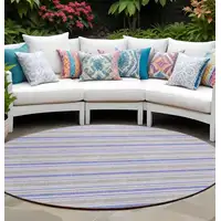 Photo of 8' Round Ivory Blue and Gray Round Striped Washable Non Skid Indoor Outdoor Area Rug