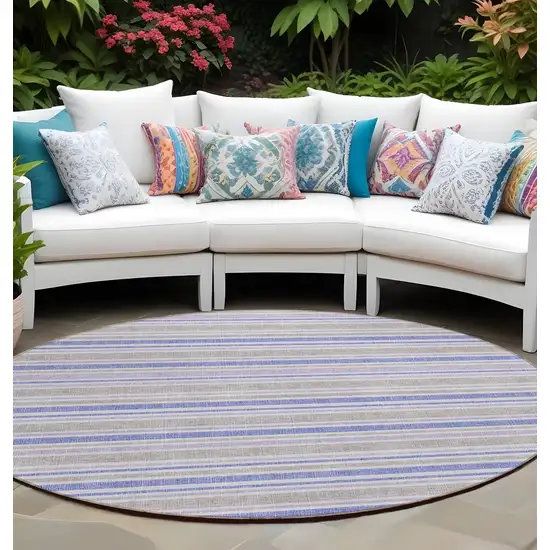 8' Round Ivory Blue and Gray Round Striped Washable Non Skid Indoor Outdoor Area Rug Photo 1