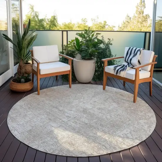 Ivory Round Abstract Washable Non Skid Indoor Outdoor Area Rug Photo 8